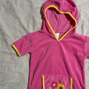 Vintage Pink Hooded Short-Sleeve Swim Pullover or Coverup with Yellow Trim